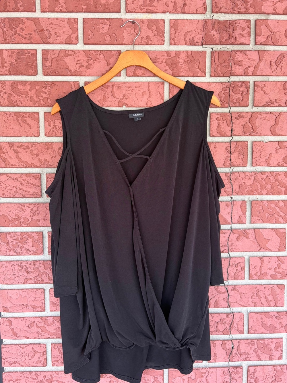 torrid Black Cold-Shoulder Draped V-Neck Blouse with Crossover Detail